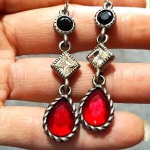 VINTAGE RED BLACK CLEAR RHINESTONE SILVER-TONE DROP DANGLE HOOK 2.2" EARRINGS